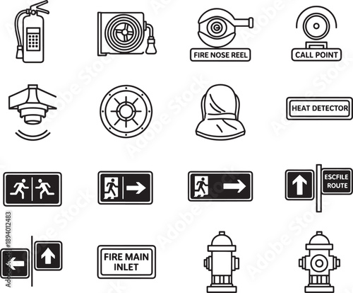 A collection of essential fire safety equipment icons, artfully rendered in a crisp, clean design, ready to communicate protection and preparedness.
