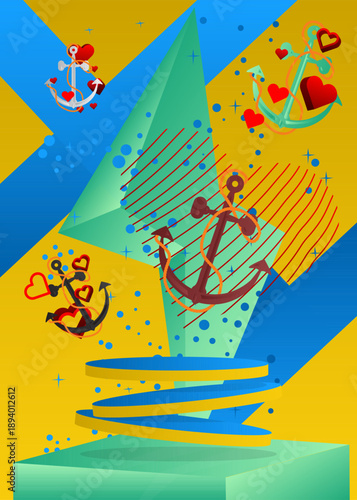 Mockup product display with Heart and Anchor. Vector cylinder pedestal podium. Stage showcase for presentation. Minimal geometric forms.