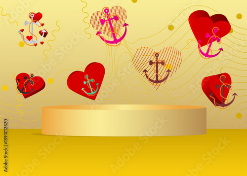 Mockup product display with Heart and Anchor. Vector cylinder pedestal podium. Stage showcase for presentation. Minimal geometric forms.
