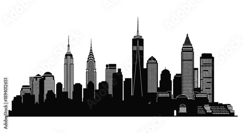 A striking black and white cityscape depicts a modern metropolitan skyline showcasing iconic architectural designs as a silhouette high quality