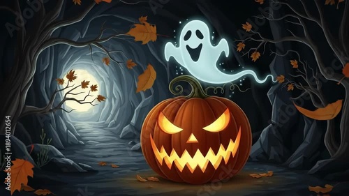 Carved Pumpkin Scene in Moonlit Forest with Friendly Ghost