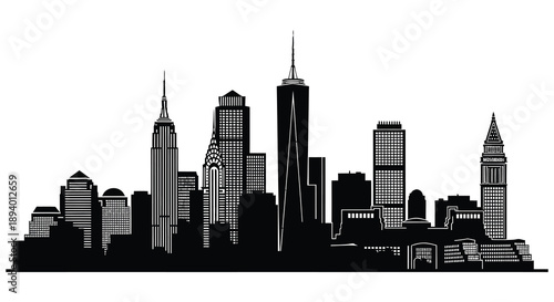 A striking black cityscape of new york s iconic skyline featuring various buildings and towers presented as a silhouette high quality