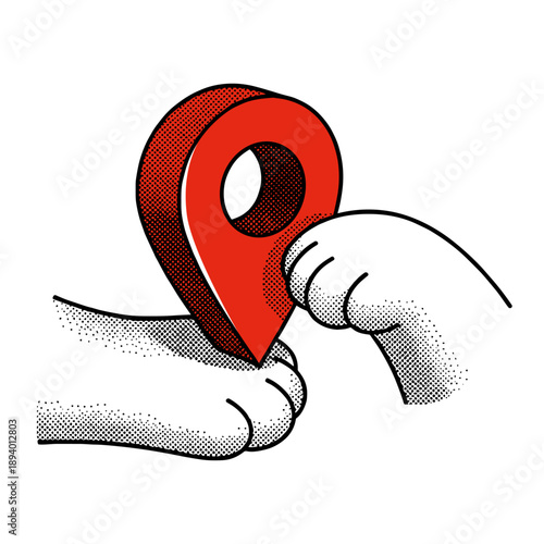 сute cat paws holding a red location pin in retro halftone stippling effect style