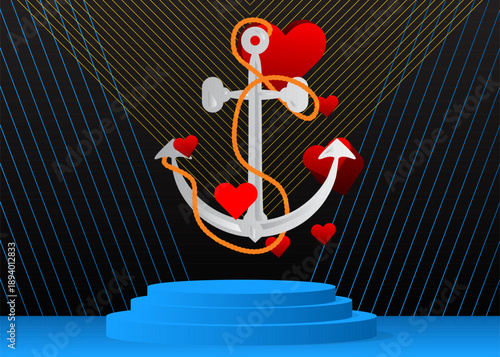 Mockup product display with Heart and Anchor. Vector cylinder pedestal podium. Stage showcase for presentation. Minimal geometric forms.