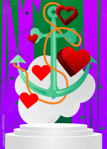 Mockup product display with Heart and Anchor. Vector cylinder pedestal podium. Stage showcase for presentation. Minimal geometric forms.