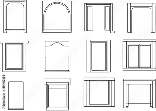 Architectural drawings, meticulously rendered in stark black and white, showcase a variety of window and door frames, reflecting detailed craftsmanship and design.