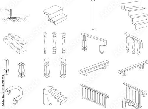 Architectural Elements in Monochrome, showcasing an assortment of steps, handrails, balusters, and their components in a clean, minimalist style.
