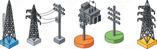 Isometric power transmission towers and utility poles illustration set, electrical grid infrastructure energy vector collection industrial urban engineering