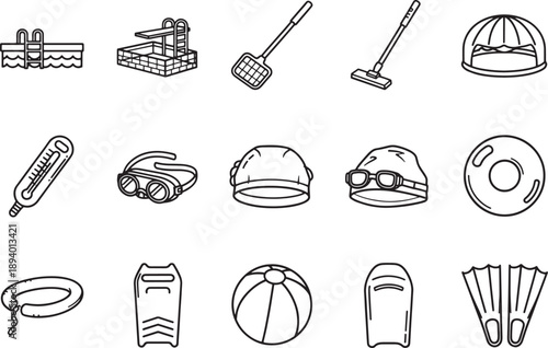 A collection of swimming essentials, illustrated in a clean, uncluttered design, perfect for educational or illustrative purposes.