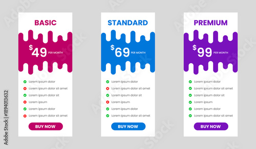 website Pricing chart table design template. UI UX app pricing chart table Subscription design or  Product Plan Offer Price Package Subscription Options Comparison Table Chart Infographic Design.