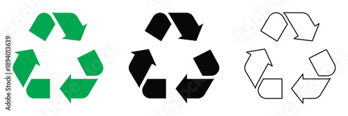 Green Recycle Symbol Icon Set Flat Style Rounded Arrows Heart and Leaf Eco Vector Illustration Isolated 
on White Background