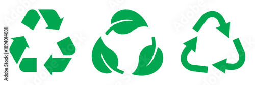 Green Recycle Symbol Icon Set Flat Style Rounded Arrows Heart and Leaf Eco Vector Illustration Isolated 
on White Background