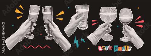 Halftone hands holding wine, champagne, cocktail glasses. People celebrate event together. Modern paper collage for retro party. Newspaper torn out elements. Vector.