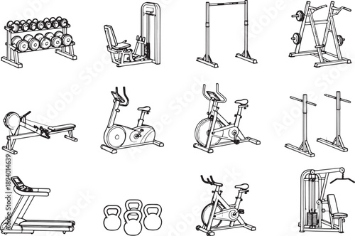 A comprehensive set of fitness equipment essential for a well-rounded workout routine. From free weights to cardio machines.