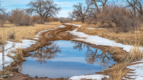 Mountain biking on poudre river trail in greeley, colorado with winter scenery and reflections
