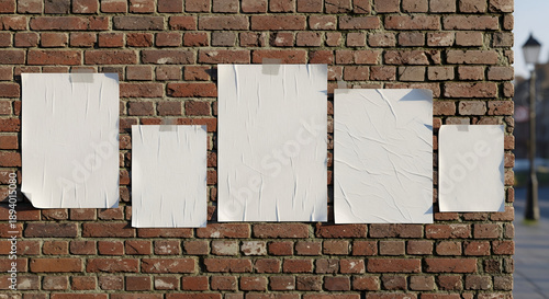 Five blank wrinkled posters mockup featuring different sizes attached with tape to an aged rustic red brick outdoor wall surface providing excellent space for advertisement design presentation