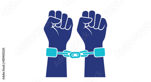 Two clenched fists dark blue connected by light blue handcuffs on a white background