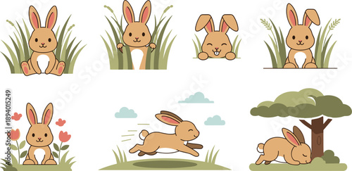 Easter sunday celebration with happy rabbits in garden on white background