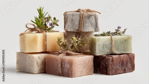 Colorful bars of handmade soap, stacked with herbs and twine, on a white backdrop