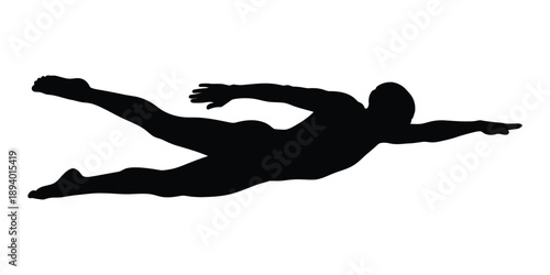 Flat minimalist swimmer silhouette icon in streamlined freestyle or diving pose, arms extended forward, legs straight.