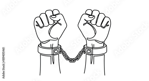 Two hands raised in fists shackled by handcuffs symbolizing struggle and restraint
