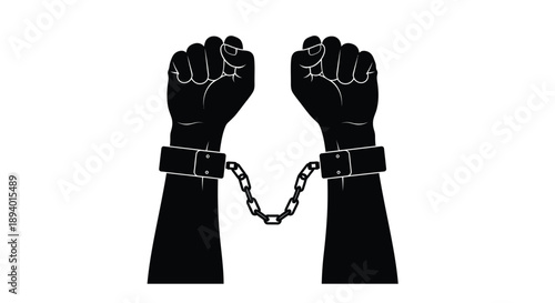 Black silhouette of raised fists breaking free from metallic handcuffs and chains