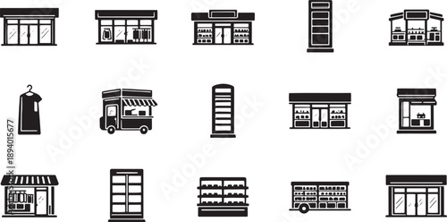 Set of black and white shop, market and store front icons. A diverse collection of illustrated shopfronts, offering versatility for design and concept. 