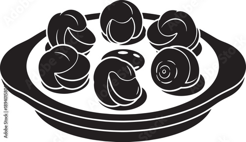 Escargot snail dish silhouette icon, representing a traditional French delicacy of snails cooked in garlic butter, isolated on white. Vector illustration.