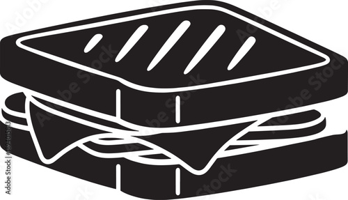 Classic Croque Monsieur sandwich silhouette icon, a traditional French grilled ham and cheese sandwich, presented in a flat black design isolated on white. Vector illustration.