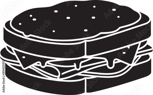 Classic Croque Monsieur Sandwich Silhouette Vector, showcasing a hearty grilled ham and cheese sandwich perfect for French cuisine themes. Isolated on white.