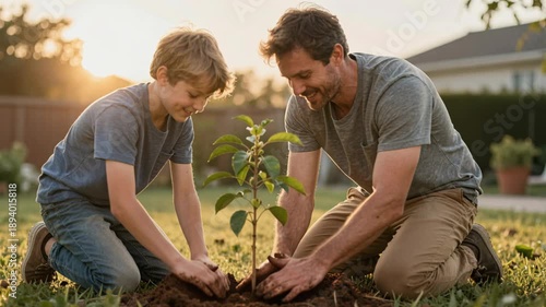 Father and Son Planting a Tree Together at Sunset