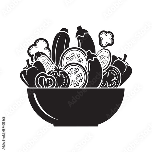 Ratatouille vegetable dish silhouette vector icon, traditional French cuisine in a bowl with sliced colorful ingredients.
