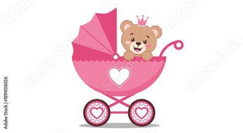 Sweet bear character wearing a pink crown and sitting inside a matching baby carriage for baby shower and nursery decoration themes.