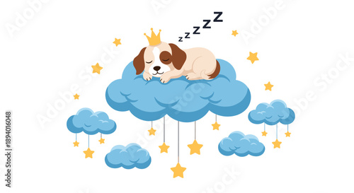 Adorable puppy with a golden crown sleeping peacefully on a blue cloud surrounded by yellow stars in the night sky, whimsical vector art.