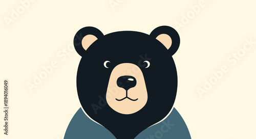 Portrait of a cute black bear wearing a blue shirt against a light cream background, simple vector illustration for children.