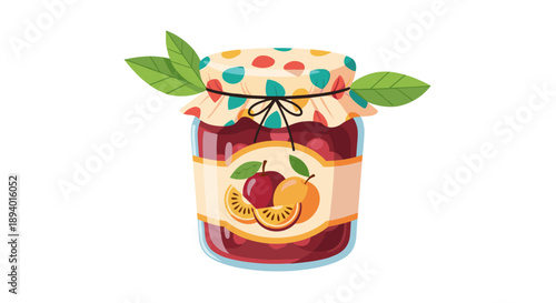 Glass jar filled with fruit jam decorated with a colorful cloth cover and green leaves, displaying an apple and orange label on white.