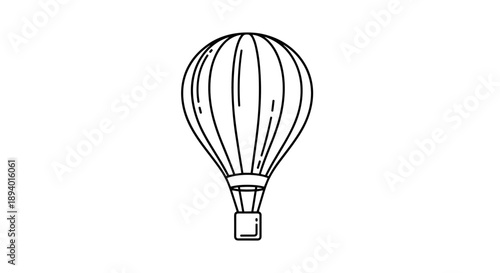 Simple black and white line art illustration of a hot air balloon with a basket, isolated on a white background for coloring or design.