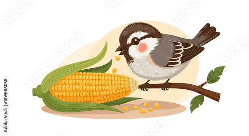 Small bird perched on a tree branch eating kernels from a large ear of corn, detailed nature illustration with warm colors and leaves.