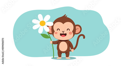 Adorable little monkey smiling and holding a large white daisy flower on a soft blue background, cute animal illustration for children.