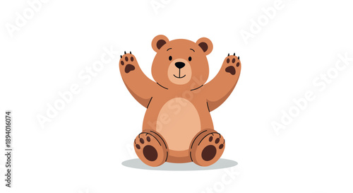 Friendly brown teddy bear sitting with its arms raised and paws showing, cute cartoon animal character isolated on a white background.