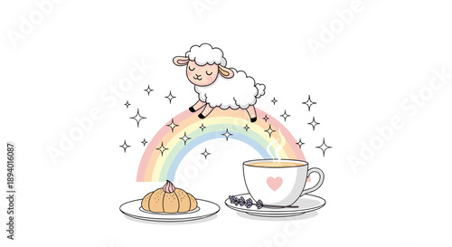 Whimsical scene of a fluffy white sheep jumping over a rainbow next to a cup of tea and a pastry, dreamy and cute vector illustration.
