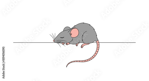 Simple illustration of a grey mouse sleeping peacefully along a horizontal line, minimal cartoon animal character on a white background.
