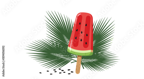 Refreshing watermelon popsicle on a stick in front of green palm leaves and seeds, summer treat illustration for tropical themes.