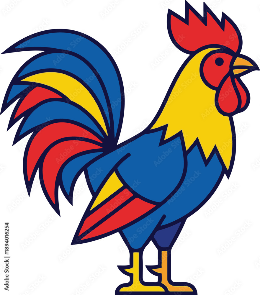 Obraz premium Vector illustration of a stylized rooster standing in profile. The design features a colorful plumage with bold dark outlines, utilizing a vibrant palette of blue, red, and yellow. 
