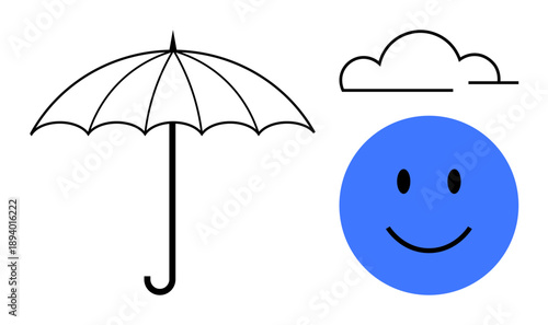 Weather icons. Umbrella, cloud, and blue smiling face weather, moods, and outdoor activity concepts. Weather tools for apps, forecasts, infographics education and designs