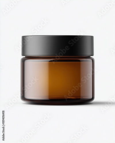 Cosmetic Cream Amber Glass Jar Mockup with Black Lid on White Background, Minimal Skincare Packaging