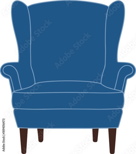 Vector illustration of a classic blue wingback armchair. The elegant design features a high backrest with characteristic side wings, rolled armrests, and tapered dark wooden legs. 