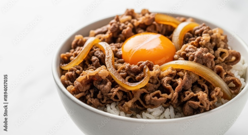Fototapeta premium Gyudon, Delicious Bowl of Rice Topped with Savory Beef and Egg Yolk