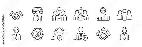 Diverse collection of line icons focused on human capital management business agreements teamwork and career progression reflecting concepts of organizational structure and positive work environment