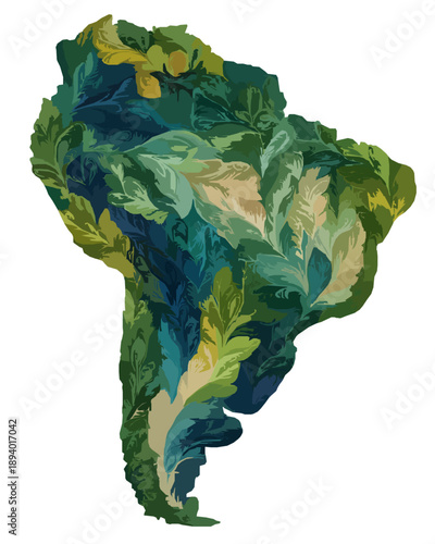 South America Continent Map with Green Forest and Dry Earth Texture - Deforestation Concept